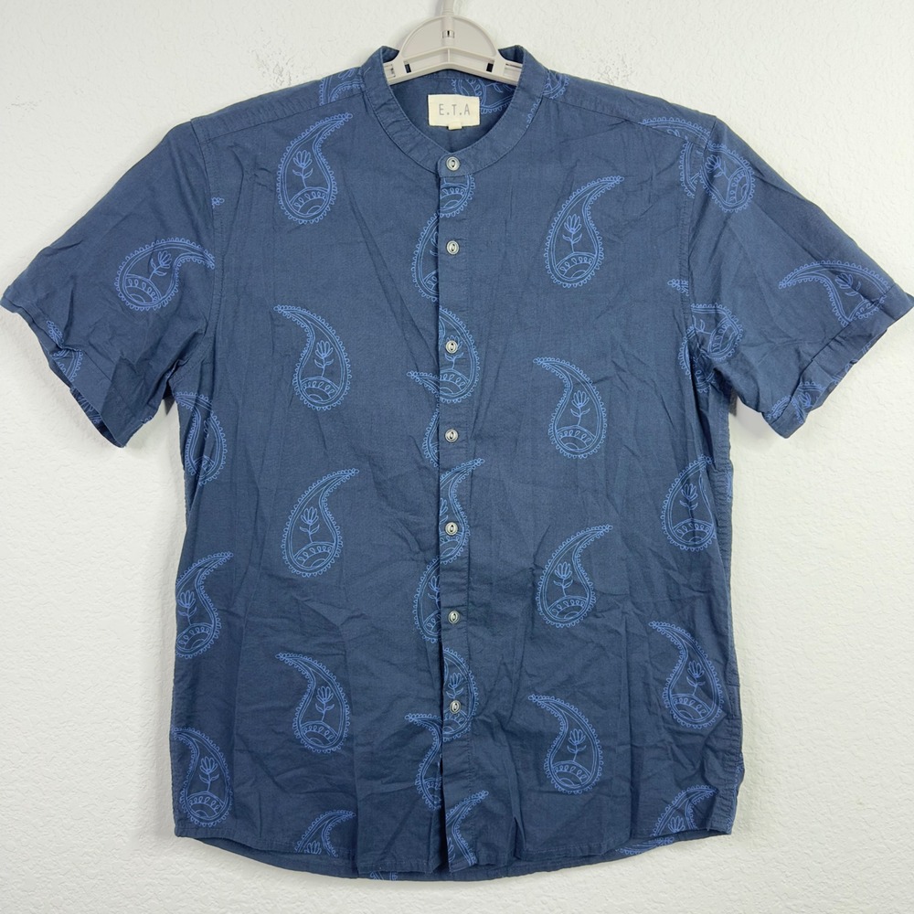 ETA Shirt Men M Blue Paisley Short Sleeve Minimalist Modern Artsy Outdoor Resort